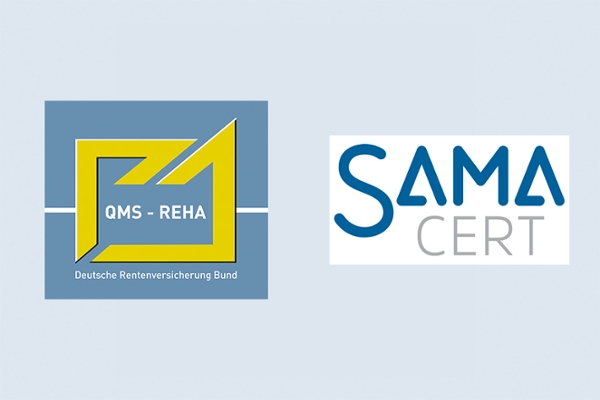 Ein Bild des QMS-Reha-Siegels und des SAMACert-Siegels. Ein Bild des QMS-Reha-Siegels und des SAMACert-Siegels.